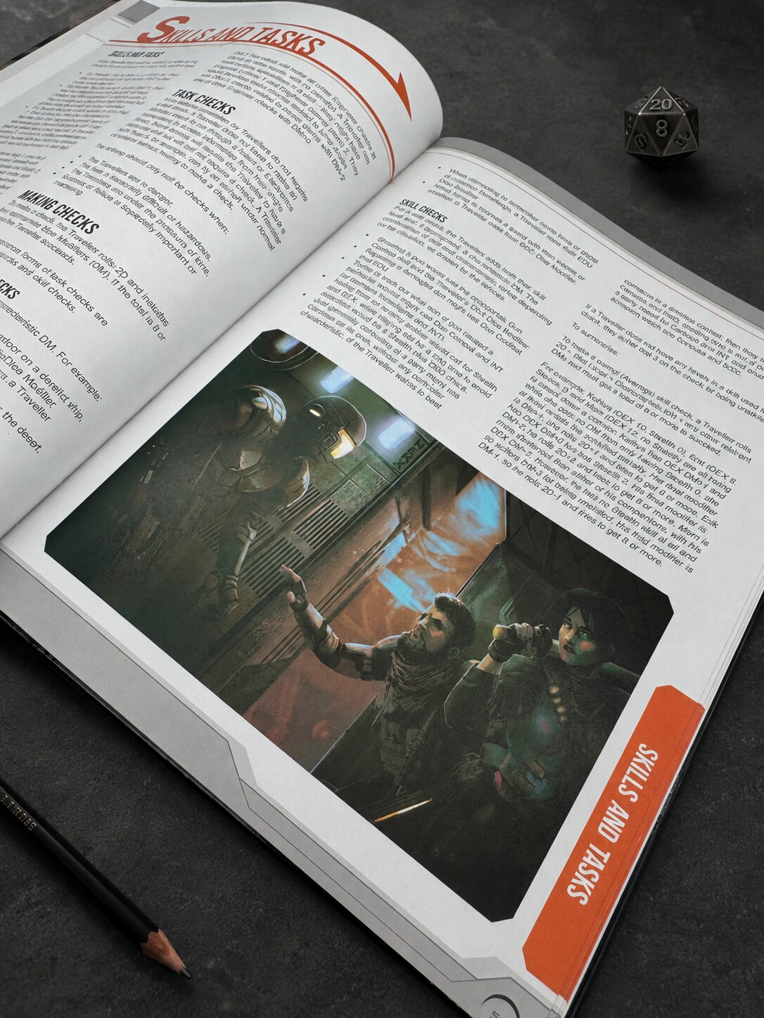 Aufgeschlagenes modernes Science-Fiction-Rollenspielbuch