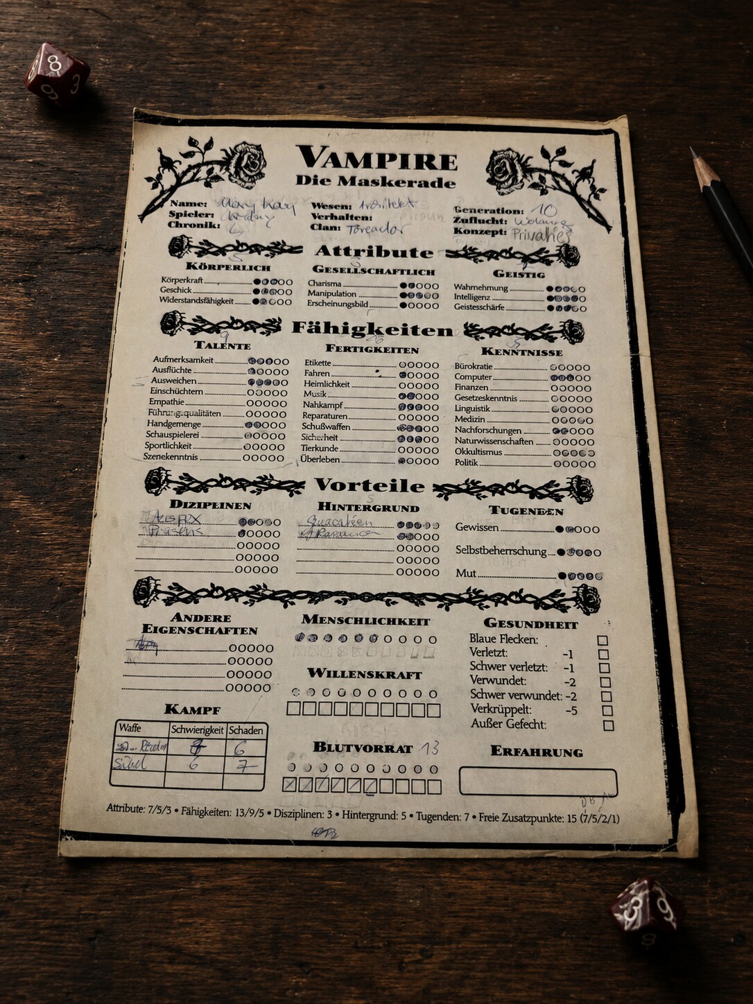 Alter, handschriftlich ausgefüllter Charakterbogen für Vampire: Die Maskerade